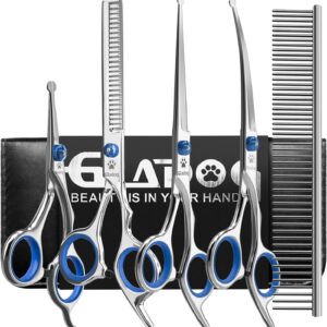 Dog Grooming Scissors Kit with Safety Round Tips, GLADOG Professional 6 in 1 Grooming Scissors for Dogs, Sharp and Heavy-duty Dog Grooming Shears for Dogs Cats Pets