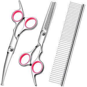 Dog Grooming Scissors with Safety Round Tips Stainless Steel Professional Dog Grooming Kit - Thinning, Curved Scissors and Comb for Cat Pet (Pink 4 in 1)