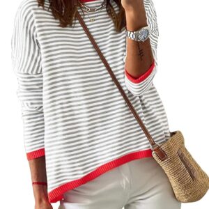 Dokotoo Women's Long Sleeve Sweaters Casual Crewneck Fashion Fall Striped Color Block Shirts High Low Pullover Sweater Tops