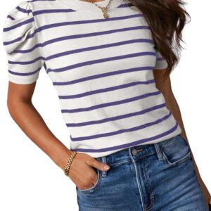 Dokotoo Women's Short Puff Sleeve Knit Tops 2025 Trendy Crewneck Striped T Shirts Casual Summer Blouses