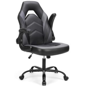 DUMOS Gaming Ergonomic Office Chair for Adults, Height Adjustable Computer Desk Chair with Flip-up Armrests, PU Leather Swivel Video Game Chair with 360ยฐ Rolling Wheels, Grey
