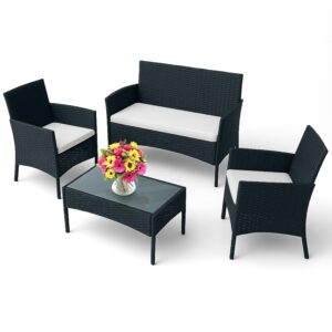 EconoHome 4-Piece Outdoor Patio Furniture Set - Patio Set with 2 Rattan Chairs, 1 Loveseat & 1 Glass -Top Coffee Table - Weather-Proof Wicker with Cushions - Conversation Set...
