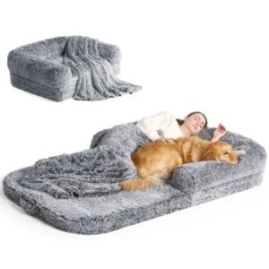 EHEYCIGA Foldable Human Dog Bed, 72"x44"x11" Orthopedic Memory Foam Human Sized Dog Bed, Waterproof Pet Bed for People, Faux Fur Pet Couch for Adult with Non-Slip Bottom, Grey