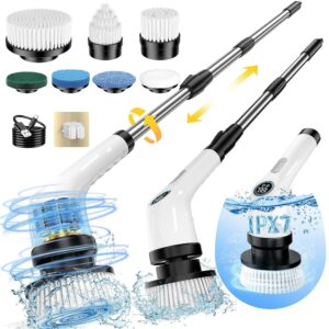 Electric Spin Scrubber Upgraded Battery with Extra-Long Runtime, IPX7 Waterproof Power Cleaner with 7 Brush Heads, 2 Speeds Adjustable Long Handle for Bathroom, Floor, Shower,...