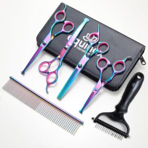 Equinox Dog Grooming Scissors & Deshedder - 7 in 1 Pet Grooming Scissors Set with undercoat brush - Curved Dog Scissors with safety tips - Includes Thinning & Rounded Shears -...