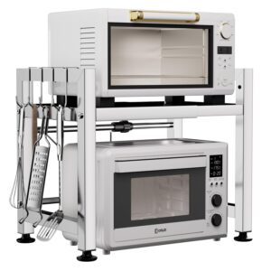 Extendable Microwave Oven Rack, Microwave Shelf Adjustable Over Microwave Stand Countertop 2-Tier Stainless Steel Organizing Rack with 4 Hooks for Kitchen Utensils Tableware...