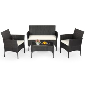 FDW | 4-Piece Patio Furniture Set | Black | Outdoor Wicker Furniture with Coffee Table | Modern Rattan Chairs Conversation Set | Outdoor Seating | Weather-Resistant | for Porch,...