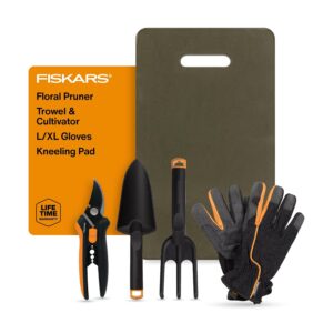 Fiskars Flower Gardening Tool Set with Floral Pruner, Trowel, Cultivator, Garden Gloves, and Ultra-Light Kneeling Cushion for Outdoor Use (5 Piece Kit)