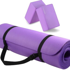 Fitvids All Purpose 1/2-Inch Extra Thick High Density Anti-Tear Exercise Yoga Mat with Carrying Strap and Yoga Blocks, Multiple Colors
