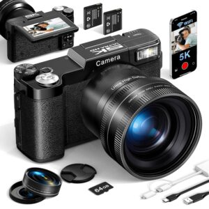 FLATIC Digital Camera with WiFi, 5K 64MP Cameras for Photography with 180ยฐ Flip Screen for YouTube, 18X Zoom Autofoucs Vlogging Camera with 64GB Card, Wide & Macro Lens, 2...