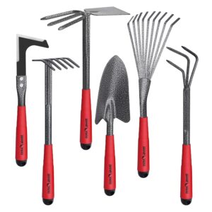 FLORA GUARD Garden Tool Set, 6-Piece Heavy Duty Gardening Hand Tools with Soft Rubber Handle, Includes Trowel, Rake, 2-in-1 Hoe & Crack Weeder, Durable Yard Tools, Ideal...
