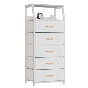 Furnulem White Dresser with 5 Drawers, Vertical Storage Tower Fabric Dresser for Bedroom, Hallway, Entryway, Nursery, Closet Organizer, Nightstand Bedside Table Furniture,...