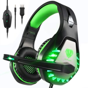 Gaming Headset with Microphone for PC, PS4, PS5, Switch, Xbox Series X/S, Noise Cancelling Gaming Headphones with LED Lights for Kids Adults, Black Green