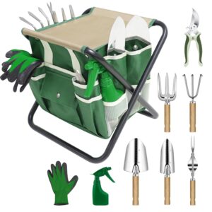 Garden Tool Set, 10 Piece Kit with Heavy Duty Folding Stool, Detachable Storage Tote Bag, Stainless Steel Tools, Gifts for Women Men Green