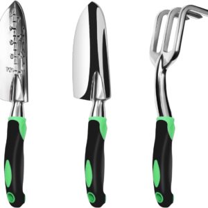 Garden Tool Set, 3 Pack Aluminum Heavy Duty Gardening Kit Includes Hand Trowel, Transplant Trowel and Cultivator Hand Rake with Soft Rubberized Non-Slip Ergonomic Handle, Garden...