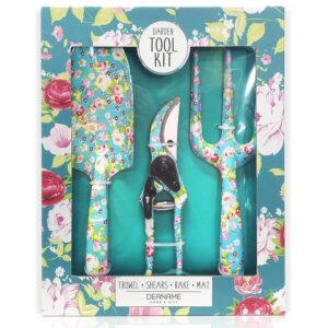 Garden Tool Set Gardening Hand Tools Kit, Floral Sturdy Garden Gifts, 4 PCS Heavy Duty Shovel Kit Including Trowel, Sharp Pruner, Hand Rake, and Mat (Blue Set)