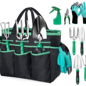 Garden Tool Set with Bag and Gloves, Heavy Duty Stainless Steel Gardening Tool Set, Ideal Gardening for Women and Men, Set of 9