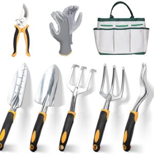 Garden Tools, 8 Piece Heavy Duty Gardening Tools Set with Non-Slip Rubber Grip, Stainless Steel Garden Tool, Gifts for Kids, Women, Husbands, and Parents