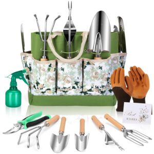 Garden Tools Set 10-Piece, Heavy Duty Stainless Steel Garden Hand Tools with Floral Tote Bag - Rust-Proof Garden Tools for Gardening, Gardening Gifts for Women Mom