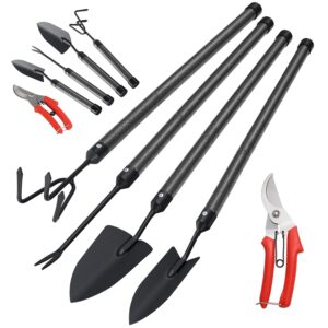 Garden Tools Set with Extension Handles, 5 Piece Thick Gardening Hand Tools, Heavy Duty Steel Rust-Proof Weeding Planting Tool Ideal Gardening Kit Gifts for Women and Men