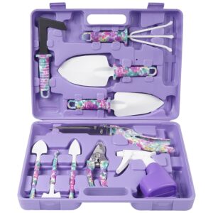 Gardening Tools, LEKEONE 10 Pieces Garden Tools with Floral Print, Ergonomic Handle Trowel Rake Weeder Pruner Shears Sprayer,Gardening Supplies with Carrying Case Gifts for Women