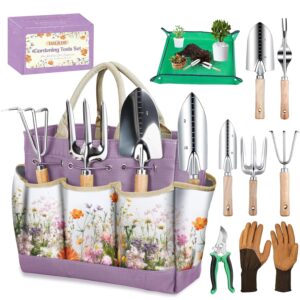 Gardening Tools Set 9-Piece Heavy-Duty Gardening Gifts for Women Mom Wife Gardening Hand Tools with Purple Floral Tote Bag and Repotting Mat, halilus Stainless Steel Garden...