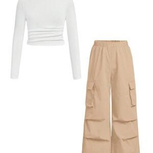 Girls Clothes 2 Piece Outfit Ribbed T-Shirt Top + Cargo Pants, Girls Fall Clothing Set, Sizes 5-16 Years