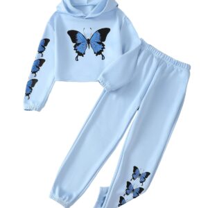 Girls' Clothing Set Butterfly Print Crop Top Hoodies Sweatpants 2 Piece Outfits Kids Sweatsuit Tracksuit Jogger Set