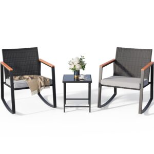 Gizoon 3 Pieces Rocking Patio Bistro Set with Anti-Scald Armrest, Outdoor Patio Wicker Furniture Set with Glass Table and Cushion for Garden, Yard, Porch