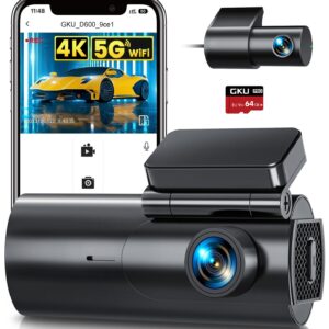 GKU Dash Cam Front and Rear Camera โ 4K+1080P Dual Dash Camera for Cars with 64GB SD Card, 5GHz WiFi & App Control, Night Vision, Parking Mode, G-Sensor, Loop Recording, WDR,...