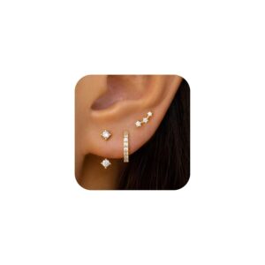 Gold Plated Stud Huggie Earrings Stack for Women Trendy, 3 Pairs Small Cute Hoop Jacket Cartilage Earring Set, Fashion Accessories Holiday Western Jewelry Christmas Gifts
