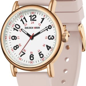 GOLDEN HOUR Waterproof Nurse Watch for Medical Professionals, Students Women Men - Military Time Luminouse Easy Read Dial, 24 Hour with Second Hand, Colorful Silicone Band