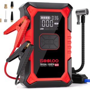 GOOLOO A3 Jump Starter with Air Compressor, 3000A Portable Car Battery Booster (9.0 Gas/6.5L Diesel) with 150PSI Auto-Shutoff Tire Inflator, 12V Supersafe Lithium Jump Box Car...