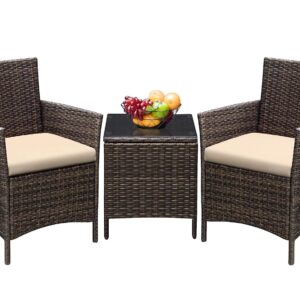 Greesum 3 Pieces Patio Furniture Sets Outdoor PE Rattan Wicker Chairs with Soft Cushion and Glass Coffee Table for Garden Backyard Porch Poolside, Brown and Beige
