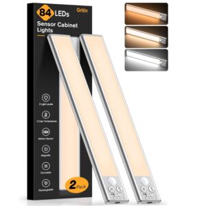 Gritin 10.2inch Under Cabinet Lighting Rechargeable -84 LED Super Bright,3-Color& 5 Level Brightness,4 Modes,Motion Sensor,Long Lasting- Easy Installation Magnetic Under Cabinet...