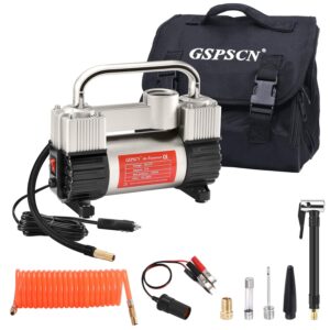 GSPSCN Silver Tire Inflator Heavy Duty Double Cylinders with Portable Bag- Car Accessories๏ผMetal 12V Air Compressor Pump 150PSI with Adapter for Car, Truck, SUV Tires, Dinghy,...
