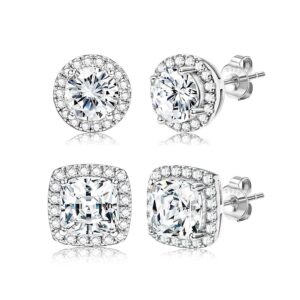 Hayoso 18K Gold Plated Halo Stud Earrings 925 Sterling Silver Cubic Zirconia Stud Earrings Round Square Diamonique Stud Earrings Set for Women Men