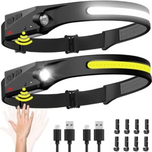 Headlamp Rechargeable 2PCS, 230ยฐ Wide Beam Head Lamp LED with Motion Sensor for Adults - Camping Accessories Gear, Waterproof Head Light Flashlight for Hiking, Running,...