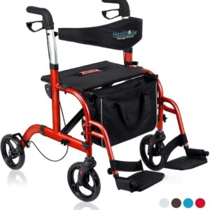 Health Line Massage Products 2 in 1 Rollator-Transport Chair w/Paded Seatrest, Reversible Backrest and Detachable Footrests, Cherry Red