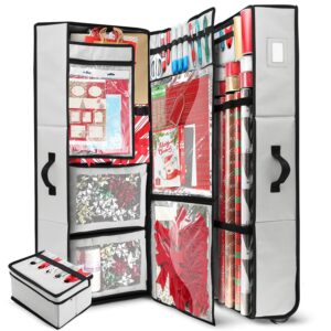 Hearth & Harbor Wrapping Paper Storage Container with Ribbon Dispenser and Interior Pockets - Large Christmas Storage Containers with Wheels, Fits 30 Rolls of 40" Length, Red