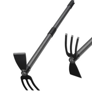 Hoe and Cultivator Gardening Hand Tools, Heavy Duty Stainless Steel Garden Hoe and 3 Fork Hand Tiller for Gardening Weeding Planting with Adjustable Handle 45 inch