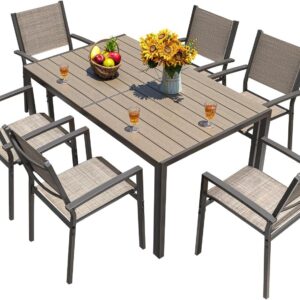 Homall Patio Dining Set 7 Pieces Outdoor Furniture with Large Table and 6 Textilene Chairs for Porch, Poolside, Yard and Garden, Brown