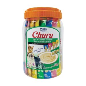 INABA Churu Cat Treats, Grain-Free, Lickable, Squeezable Creamy Purรฉe Cat Treat/Topper with Vitamin E & Taurine, 0.5 Ounces Each Tube, 50 Tubes, Tuna & Chicken Variety