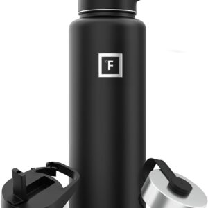 IRON ยฐFLASK Camping & Hiking Hydration Flask with 3 Lids - Stainless Steel, Double Walled & Vacuum Insulated Water Bottle - Leak Proof & BPA Free (Midnight Black, Straw - 40 oz)