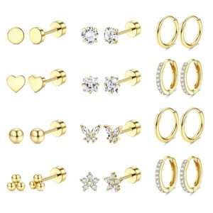 Jstyle Hypoallergenic 14K Gold Plated Flat Back Earrings for Women Men Surgical Stainless Steel Earrings for Sensitive Ears Small Stud Hoop Cartilage Earring Stack Set for...