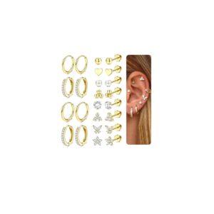 Jstyle Hypoallergenic 14K Gold Plated Stud Hoop Earrings for Women Men Surgical Stainless Steel Flat Back Earrings Small Huggie Hoops Cartilage Earring Set for Multiple Piercing...