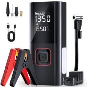 Jump Starter with Air Compressor, 5000A Battery Jumper Starter Portable (9L Gas/8L Diesel) with 160PSI Auto-Shutoff Tire Inflator, 12V Jump Box Car Battery Jump Starter with...