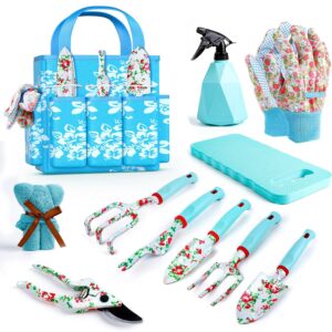 JUMPHIGH Floral Garden Tools Set, 11 PCS Heavy Duty Gardening Tools Includes Hand Trowel Rake Weeder Pruner Sprayer, Gardening Gifts for Women, Garden Kit with Storage Tote Bag...