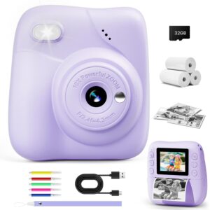 Kids Camera Instant Print, 1080P HD Kids Instant Camera with 32G Card & 3 Rolls Print Paper, Portable Toddler Toy, Christmas Birthday Gifts for Boys Girls Age 3-12 (Purple)