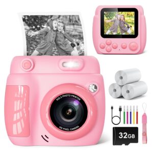 Kids Camera Instant Print, Christmas Birthday Gifts Toys for 3-10 Year Old Girls Boys, 1080P Video 20MP Toddler Digital Camera with 3 Rolls Printing Paper & 32GB Card - Pink